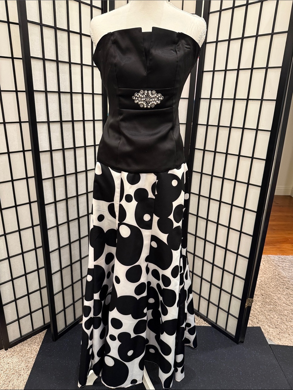 VENUS Black Strapless Satin lace up Bodice with Black/White Polka Dot Maxi